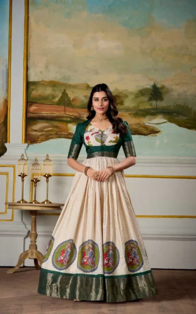 Kalamakri Printed Dola Silk Fancy Gown